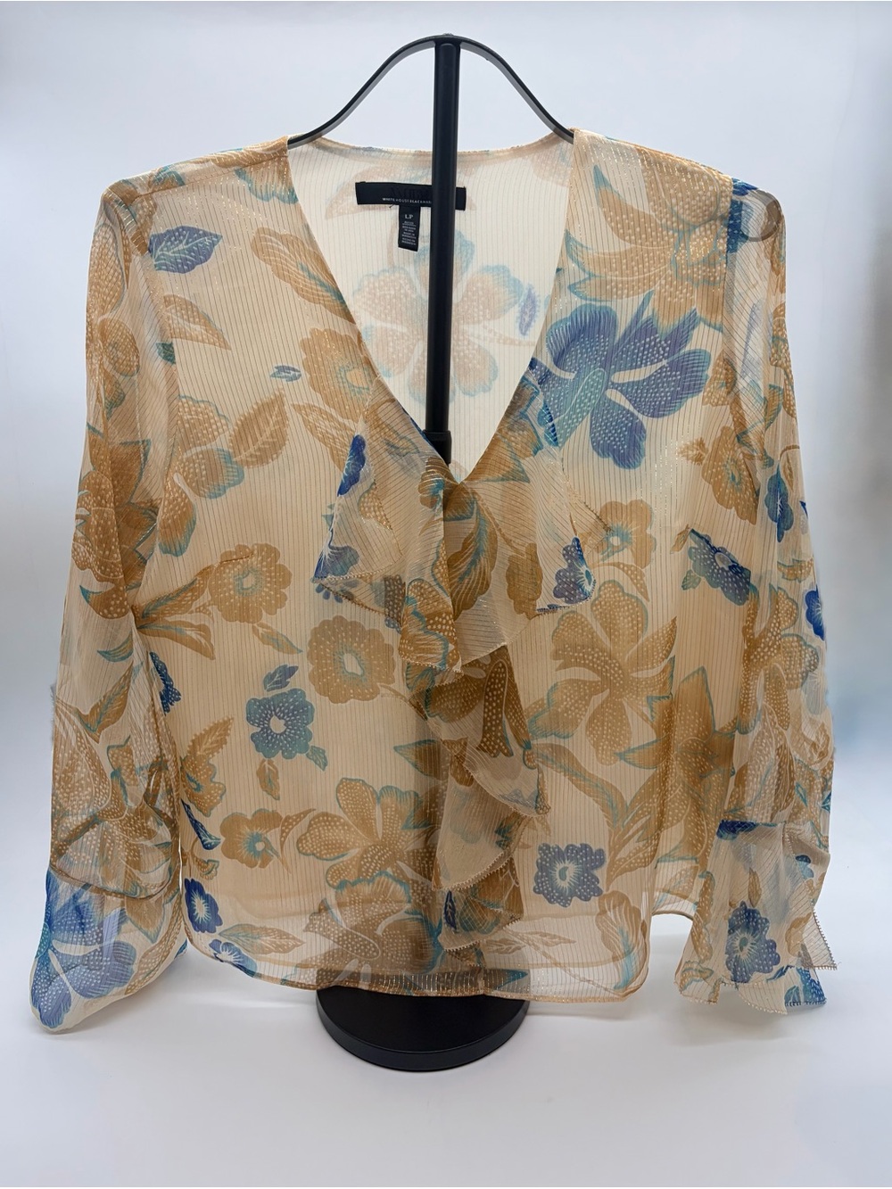 White House Black Market Beige & Blue Floral Ruffle V-Neck Blouse